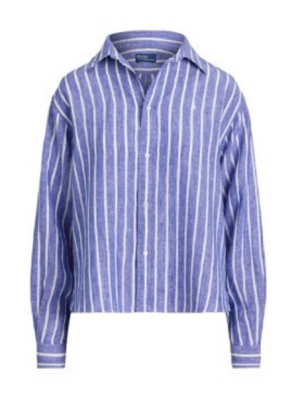 Polo Ralph Lauren Linen Crop Boxy Fit Blue White Vertical Stripe Button-Down